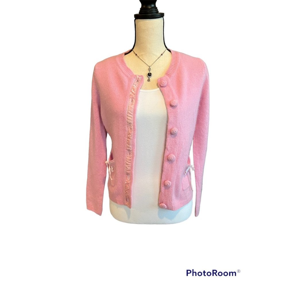 ECI New York Pink Cardigan Sweater with Bows Womens Size S